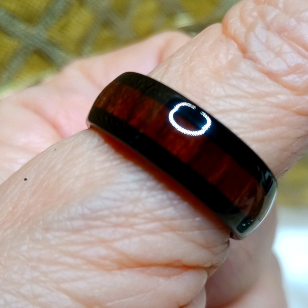 Black Tungsten Ring With Brown Wood Design Band Sz 11